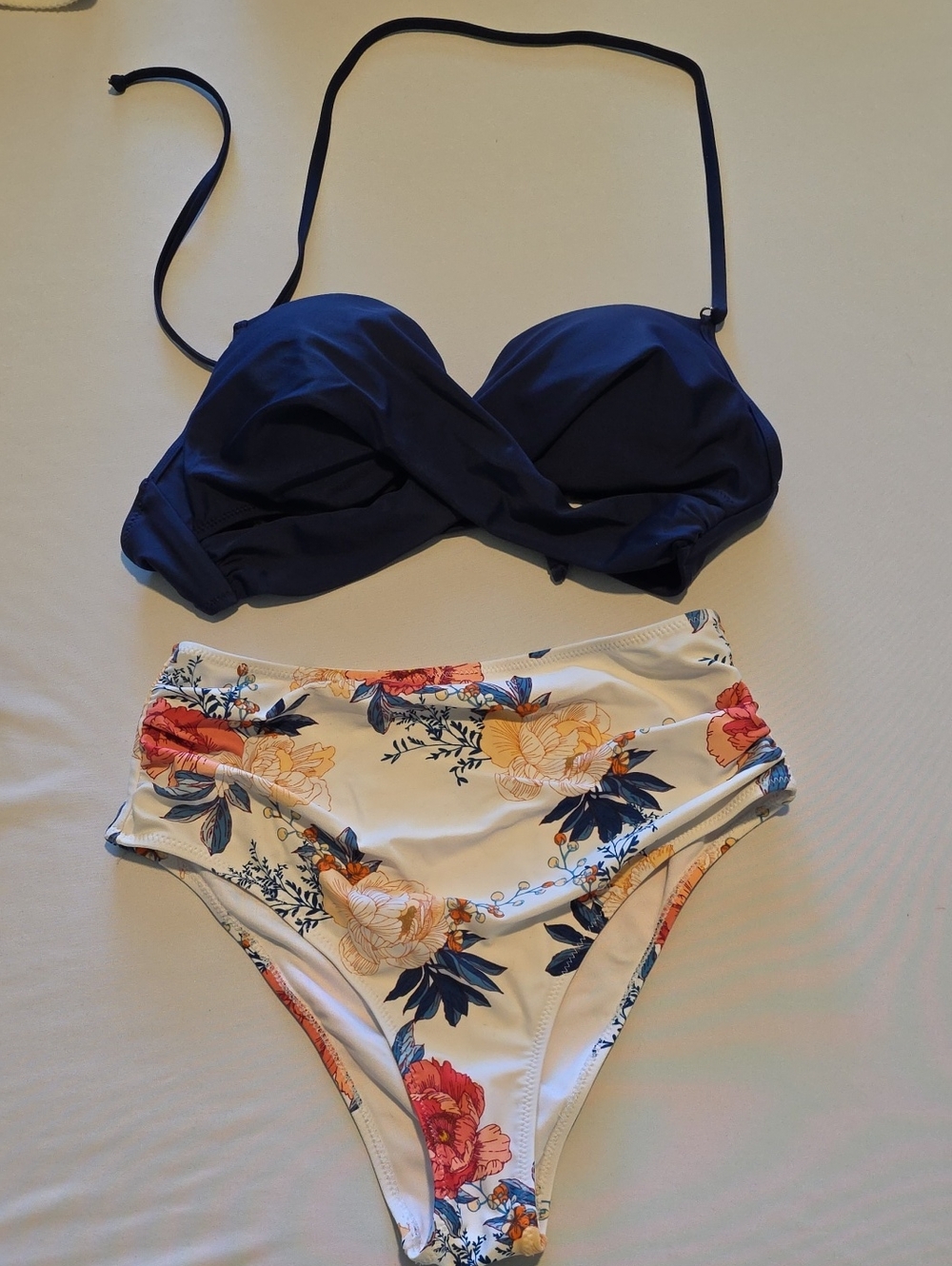 Cupshe Navy Bikini Top with White Floral High-Waist Bottom
